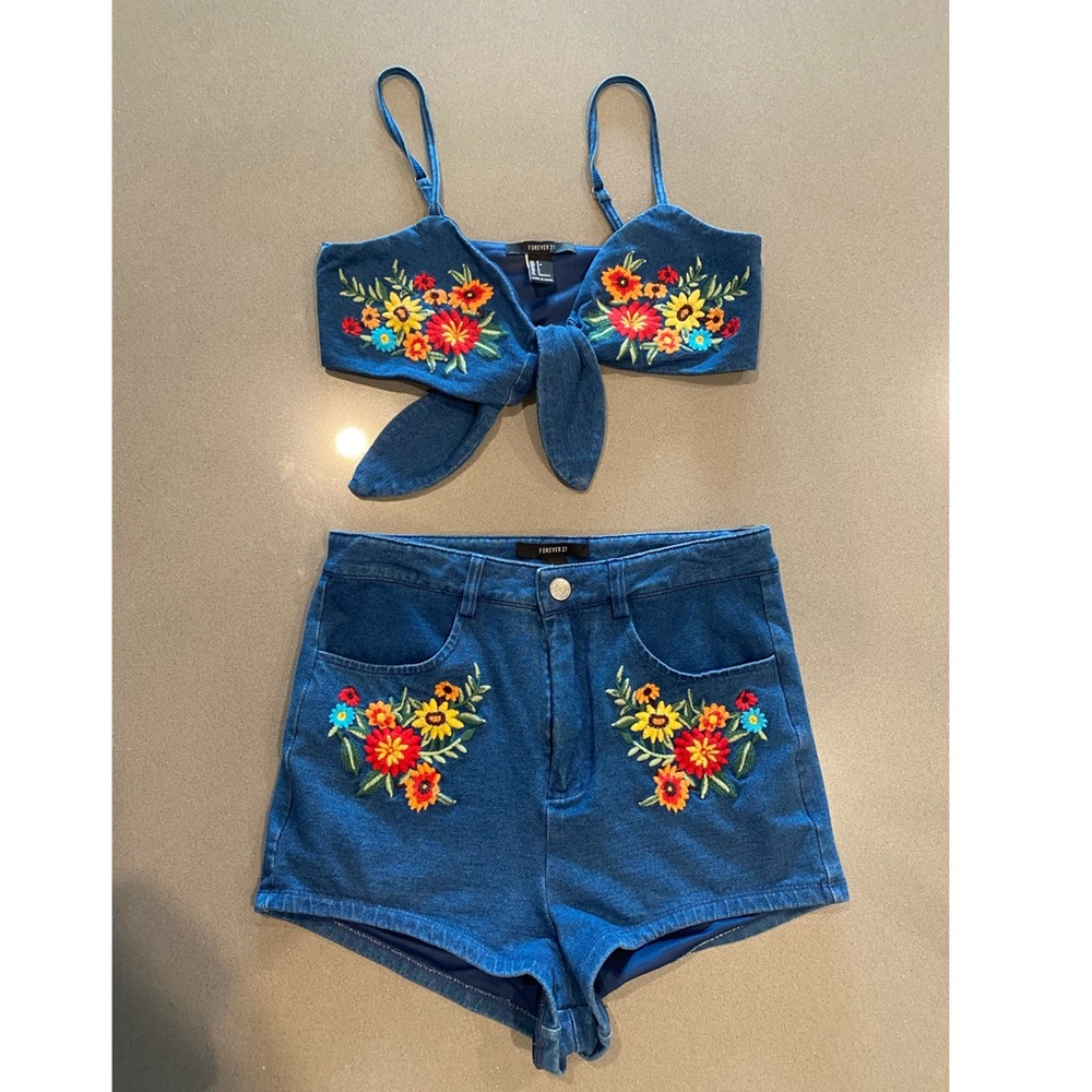 Two Piece High Waist Jean Floral Set